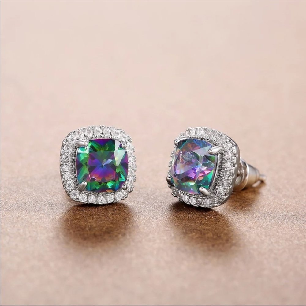 New Rainbow Square Cut Unisex Diamond Earrings - Picture 3 of 6